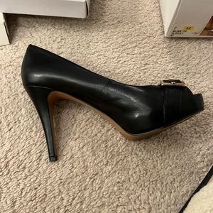 Black leather platform heels peep toe